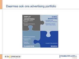 Daarmee ook ons advertising portfolio DISPLAY  ADVERTISING Rich media, banners, tekstlink Branded content/special concepts Admarkt  Mini-advertentie E-MAIL MARKETING SEARCH Dedicated email (200.000 opt-in adressen) Adverteren in nieuws- brief (4 miljoen lezers) Admarkt Topadvertenties Topadvertentie, fixed price Reguliere advertenties CLASSIFIEDS 