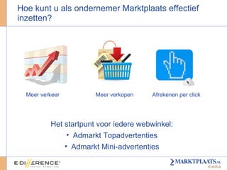 Hoe kunt u als ondernemer Marktplaats effectief inzetten? Meer verkeer  Meer verkopen   Afrekenen per click Het startpunt voor iedere webwinkel: Admarkt Topadvertenties Admarkt Mini-advertenties 