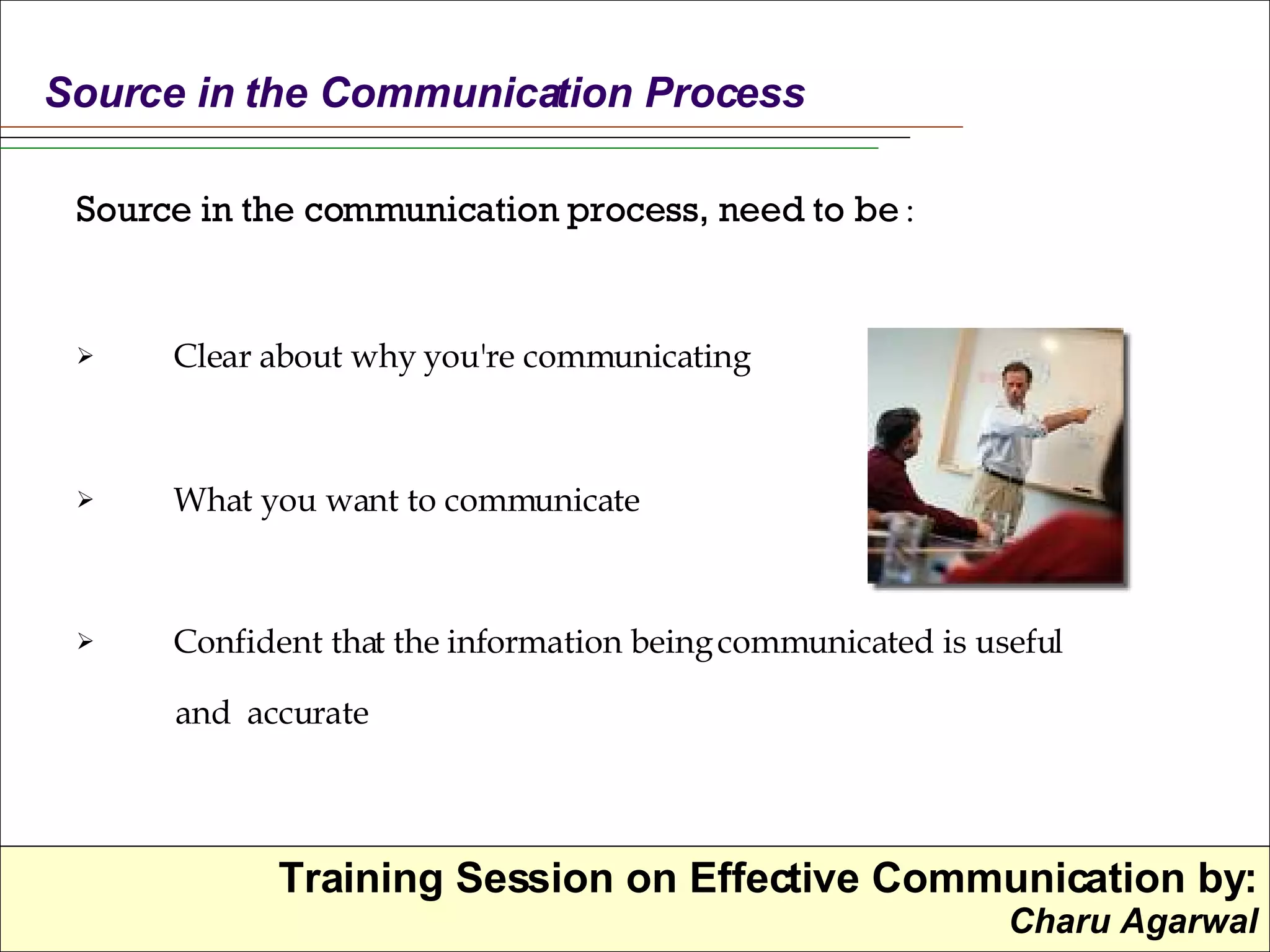 Source in the communication process, need to be  : Clear about why you're communicating What you want to communicate Confident that the information being communicated is useful  and  accurate Source in the Communication Process 