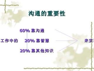 沟通的重要性 60% 靠沟通 工作中的  20% 靠智慧  来实现 20% 靠其他知识 