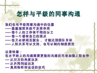怎样与平级的同事沟通 我们在与平级同事沟通中的位置 ---- 垂直指挥系统不发挥作用 ---- 每个人的工作有不同的分工 ---- 每一个都有自己的观点 ---- 但又必须相互配合， 才能达到团队目标 ---- 人际关系可以支持、也可以制约制度规定 这意味着： 在水平线上的沟通需要更强的沟通技巧老加强人际合作： --- 从对方的角度出发 --- 从共同利益出发 --- 是用聆听和说话的技巧 