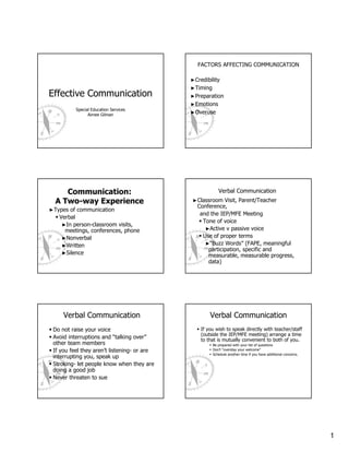 FACTORS AFFECTING COMMUNICATION

                                             ► Credibility
                                             ► Timing
Effective Communication                      ► Preparation
                                             ► Emotions
          Special Education Services
                Aimee Gilman
                                             ► Overuse




     Communication:                                        Verbal Communication
  A Two-way Experience                       ► Classroom   Visit, Parent/Teacher
                                                Conference,
► Typesof communication
                                                 and the IEP/MFE Meeting
   Verbal
                                                  Tone of voice
    ►In person-classroom visits,
     meetings, conferences, phone                  ►Active v passive voice

    ►Nonverbal                                    Use of proper terms
    ►Written                                       ►“Buzz Words” (FAPE, meaningful
                                                    participation, specific and
    ►Silence
                                                    measurable, measurable progress,
                                                    data)




     Verbal Communication                            Verbal Communication
 Do not raise your voice                         If you wish to speak directly with teacher/staff
                                                 (outside the IEP/MFE meeting) arrange a time
 Avoid interruptions and “talking over”          to that is mutually convenient to both of you.
 other team members                                     Be prepared with your list of questions
 If you feel they aren’t listening- or are              Don’t “overstay your welcome”
                                                        Schedule another time if you have additional concerns.
 interrupting you, speak up
 Stroking- let people know when they are
 doing a good job
 Never threaten to sue




                                                                                                                 1