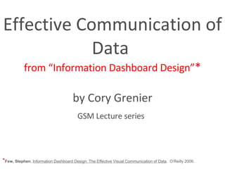Effective Communication of Data  from “Information Dashboard Design” * by Cory Grenier GSM Lecture series   * Few, Stephen .  Information Dashboard Design: The Effective Visual Communication of Data .  O’Reilly 2006.  