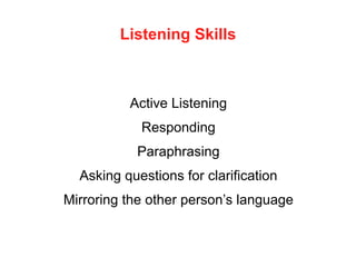 Listening Skills
Active Listening
Responding
Paraphrasing
Asking questions for clarification
Mirroring the other person’s language
 