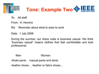 Tone: Example Two
To: All staff
From: H. Honcho
Re: Reminder about what to wear to work
Date: 1 July 2006
During the summer, our dress code is business casual. We think
“business casual” means clothes that feel comfortable and look
professional.
Men Women
•khaki pants •casual pants and skirts
•leather shoes… •leather or fabric shoes…
 