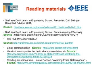Reading materials
• Stuff You Don't Learn in Engineering School, Presenter: Carl Selinger
Recorded: 14 April 2011,
SOURCE : http://www.ieeeusa.org/careers/webinars/2011/webinar-04-14-11.html
• Stuff You Don't Learn in Engineering School: Communicating Effectively
SOURCE : https://ieee-elearning.org/CLE/mod/scorm/view.php?id=277
• THE FIVE-PARAGRAPH ESSAY-
SOURCE: http://grammar.ccc.commnet.edu/grammar/five_par.htm
• Email communication - SOURCE : http://word-crafter.net/email.html
• Handout accompanies the brain shark presentation at - SOURCE :
http://my.brainshark.com/Yo-Dear-or-Hello-Professor-Mastering-the-
Discourse-of-Academic-Email-437291938
• Reading aloud idea from Louise Dobson, “Avoiding Email Catasrophes,” -
SOURCE: http://www.psychologytoday.com/articles/pto-20060405-000001.html
 