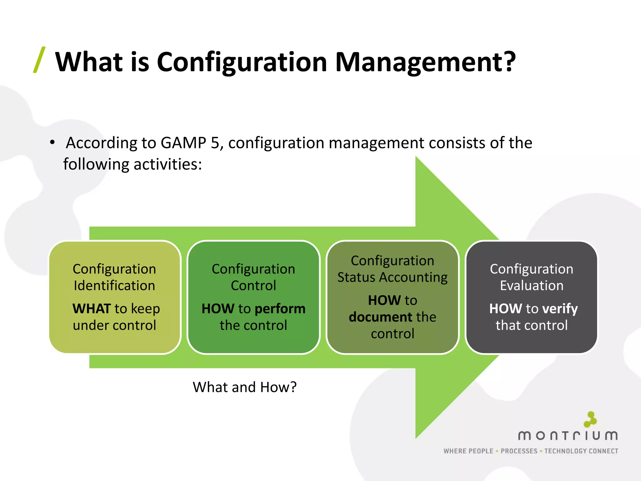 / What is Configuration Management?

 • According to GAMP 5, configuration management consists of the
   following activities:




                                         Configuration
    Configuration      Configuration                       Configuration
                                       Status Accounting
    Identification       Control                            Evaluation
                                          HOW to
    WHAT to keep      HOW to perform                       HOW to verify
                                        document the
    under control       the control                         that control
                                           control


                     What and How?
 