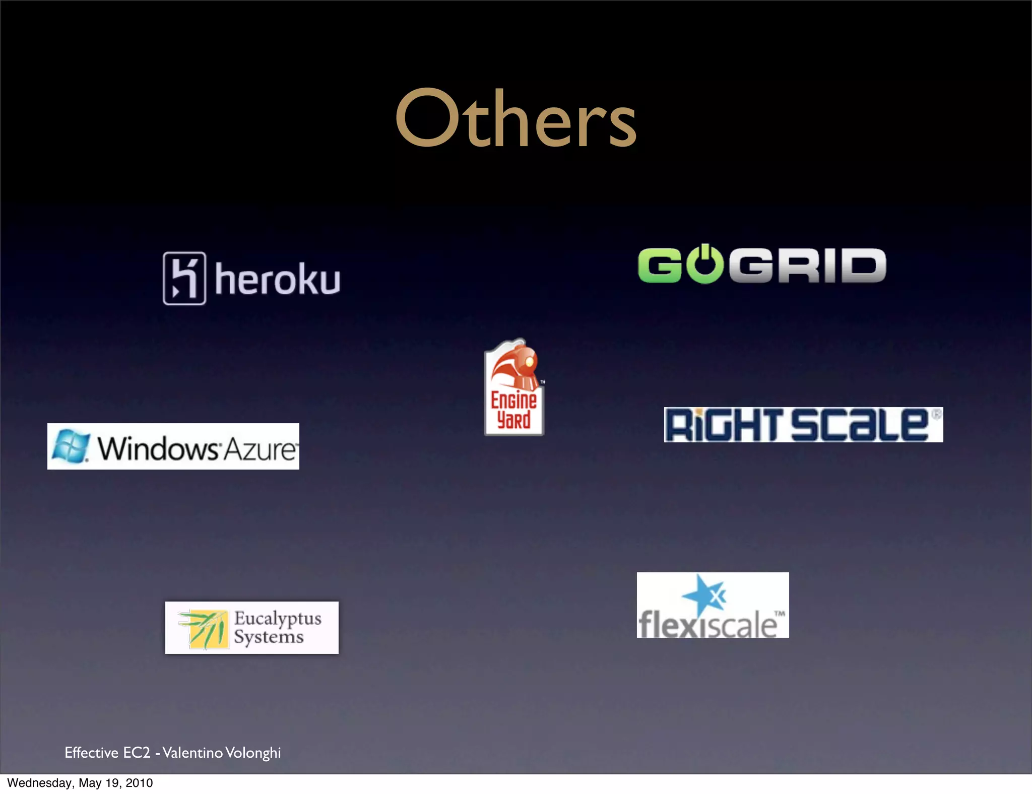 Others




         Effective EC2 - Valentino Volonghi
Wednesday, May 19, 2010
 