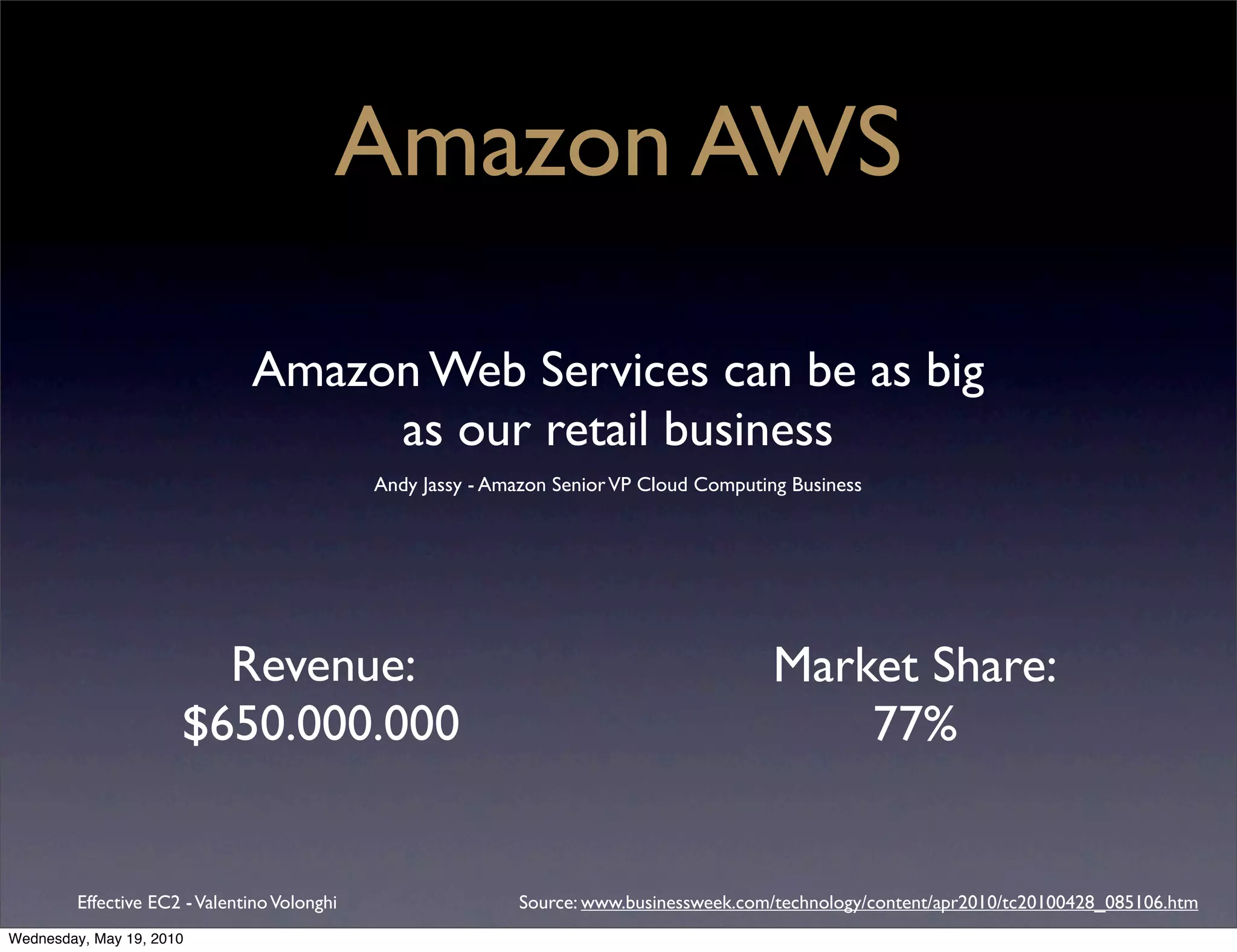 Amazon AWS

                               Amazon Web Services can be as big
                                    as our retail business
                                              Andy Jassy - Amazon Senior VP Cloud Computing Business




                        Revenue:                                                          Market Share:
                      $650.000.000                                                            77%


         Effective EC2 - Valentino Volonghi                   Source: www.businessweek.com/technology/content/apr2010/tc20100428_085106.htm
Wednesday, May 19, 2010
 
