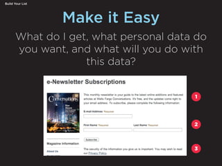 Make it Easy
Build Your List
What do I get, what personal data do
you want, and what will you do with
this data?
1
2
3
 