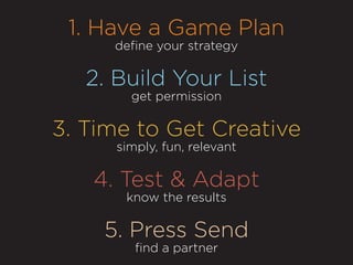 5. Press Send
find a partner
2. Build Your List
get permission
3. Time to Get Creative
simply, fun, relevant
4. Test & Adapt
know the results
1. Have a Game Plan
define your strategy
 