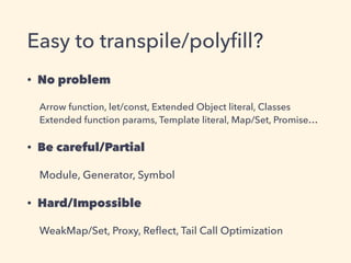 Easy to transpile/polyﬁll?
• No problem
Arrow function, let/const, Extended Object literal, Classes 
Extended function params, Template literal, Map/Set, Promise…
• Be careful/Partial
Module, Generator, Symbol
• Hard/Impossible
WeakMap/Set, Proxy, Reﬂect, Tail Call Optimization
 