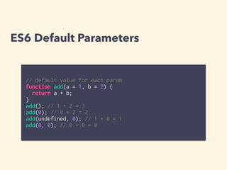 ES6 Default Parameters
// default value for each param
function add(a = 1, b = 2) {
return a + b;
}
add(); // 1 + 2 = 3
add(0); // 0 + 2 = 2
add(undefined, 0); // 1 + 0 = 1
add(0, 0); // 0 + 0 = 0
 