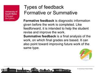 © University of South Wales
Types of feedback
Formative or Summative
Formative feedback is diagnostic information
given before the work is completed. Like
feedforward, it is intended to help the student
revise and improve the work.
Summative feedback is a final analysis of the
work, on which final grades are based. It can
also point toward improving future work of the
same type.
 