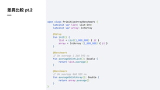差異比較 pt.2
—
open class PrimitiveArrayBenchmark {
lateinit var list: List<Int>
lateinit var array: IntArray
@Setup
fun init() {
list = List(1_000_000) { it }
array = IntArray (1_000_000) { it }
}
@Benchmark
!" On average 1 260 593 ns
fun averageOnIntList(): Double {
return list.average()
}
@Benchmark
!" On average 868 509 ns
fun averageOnIntArray(): Double {
return array.average()
}
}
 