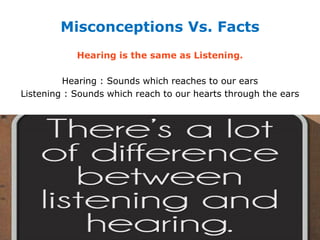 Misconceptions Vs. Facts
Hearing is the same as Listening.
Hearing : Sounds which reaches to our ears
Listening : Sounds which reach to our hearts through the ears
 