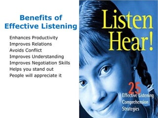 Benefits of
Effective Listening
Enhances Productivity
Improves Relations
Avoids Conflict
Improves Understanding
Improves Negotiation Skills
Helps you stand out
People will appreciate it
 