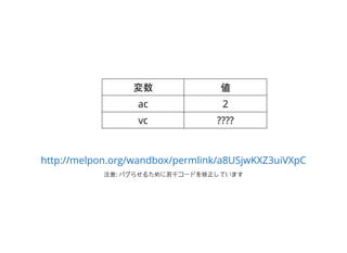 変数 値
ac 2
vc ????
注意: バグらせるために若干コードを修正しています
http://melpon.org/wandbox/permlink/a8USjwKXZ3uiVXpC
 