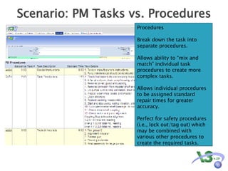 Scenario: PM Tasks vs. Procedures Procedures Break down the task into separate procedures. Allows ability to “mix and match” individual task procedures to create more complex tasks. Allows individual procedures to be assigned standard repair times for greater accuracy. Perfect for safety procedures (i.e., lock out/tag out) which may be combined with various other procedures to create the required tasks. 