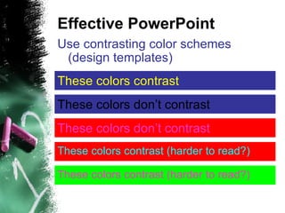 Effective PowerPoint Use contrasting color schemes (design templates) ‏ These colors contrast These colors don’t contrast These colors contrast (harder to read?) ‏ These colors don’t contrast These   colors contrast (harder to read?) ‏ 