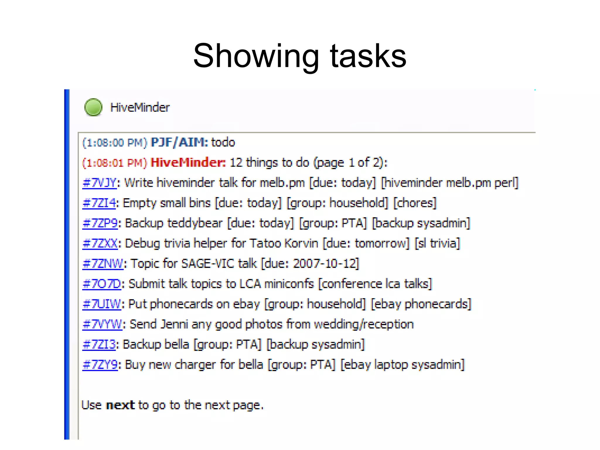 Showing tasks 