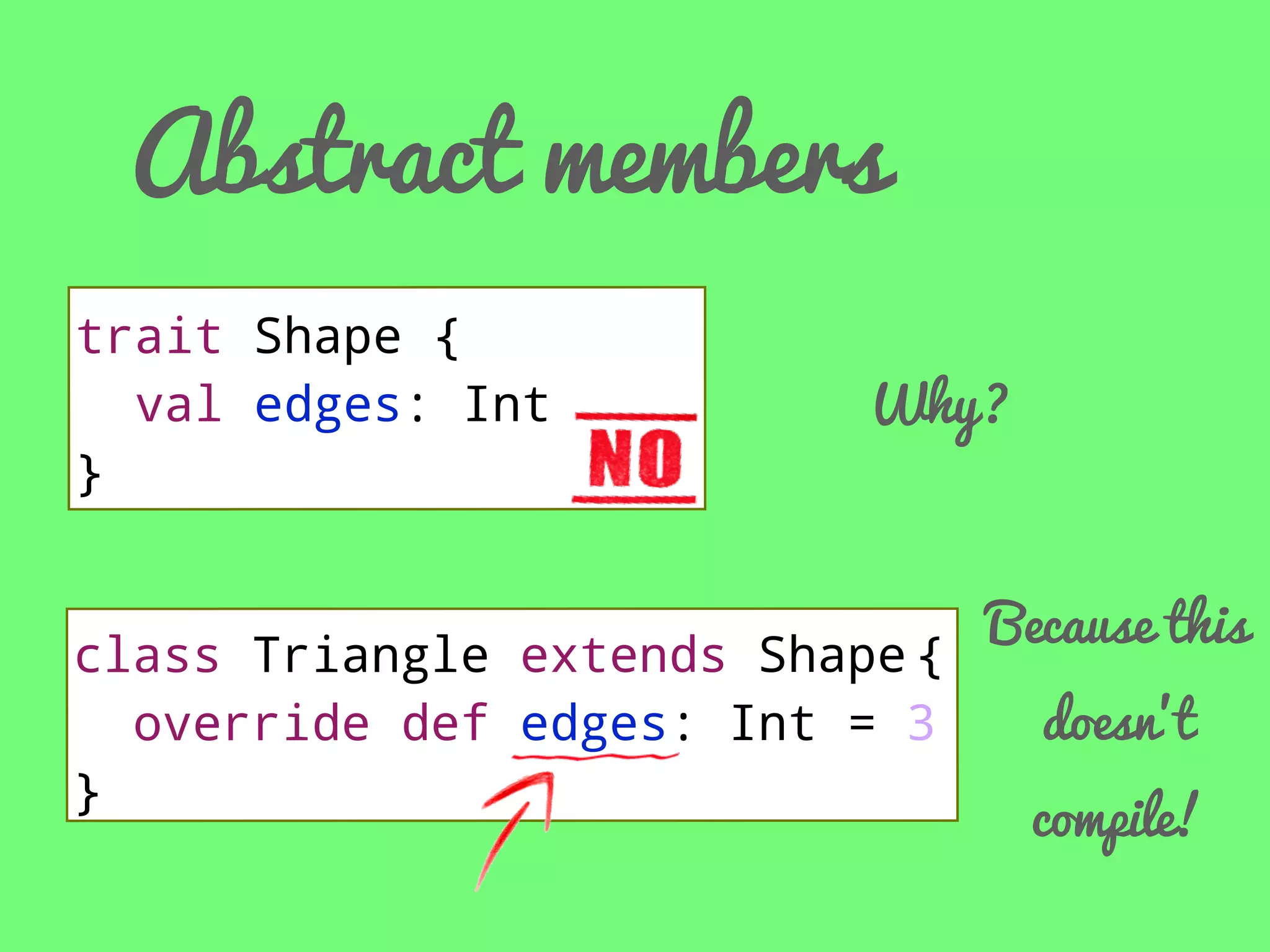 Abstract members
trait Shape {
val edges: Int
}

Why?

class Triangle extends Shape {
override def edges: Int = 3
}

Because this
doesn’t

compile!

 