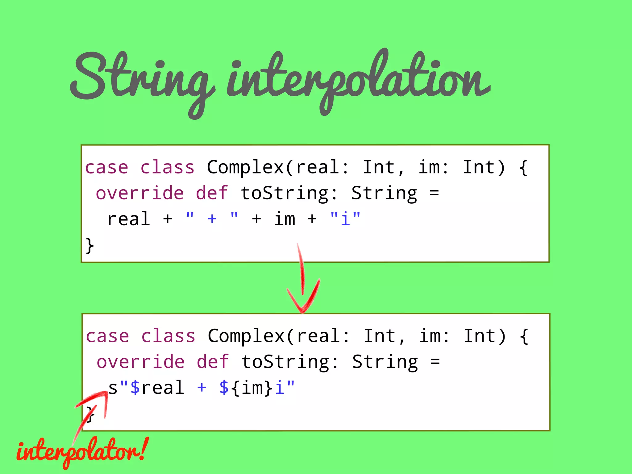 String interpolation
case class Complex(real: Int, im: Int) {
override def toString: String =
real + " + " + im + "i"
}

case class Complex(real: Int, im: Int) {
override def toString: String =
s"$real + ${im}i"
}

interpolator!

 