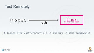 Test Remotely
$ inspec exec /path/to/profile -i ssh.key -t ssh://me@myhost
 