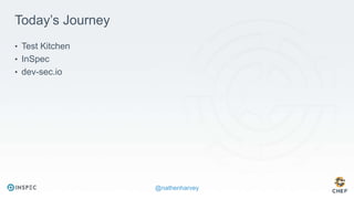 @nathenharvey
Today’s Journey
• Test Kitchen
• InSpec
• dev-sec.io
 