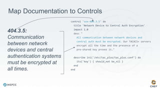 Map Documentation to Controls
control 'sox-404.3.5' do
title 'Network Device to Central Auth Encryption'
impact 1.0
desc "
All communication between network devices and
central auth must be encrypted. Our TACACS+ servers
encrypt all the time and the presence of a
pre-shared key proves it."
describe ini('/etc/tac_plus/tac_plus.conf') do
its('key') { should_not be_nil }
end
end
404.3.5:
Communication
between network
devices and central
authentication systems
must be encrypted at
all times.
 