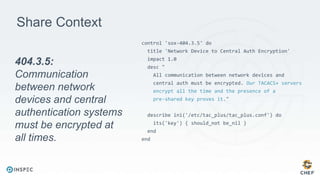 Share Context
control 'sox-404.3.5' do
title 'Network Device to Central Auth Encryption'
impact 1.0
desc "
All communication between network devices and
central auth must be encrypted. Our TACACS+ servers
encrypt all the time and the presence of a
pre-shared key proves it."
describe ini('/etc/tac_plus/tac_plus.conf') do
its('key') { should_not be_nil }
end
end
404.3.5:
Communication
between network
devices and central
authentication systems
must be encrypted at
all times.
 