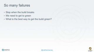 @nathenharvey
So many failures
• Stop when the build breaks
• We need to get to green
• What is the best way to get the build green?
 