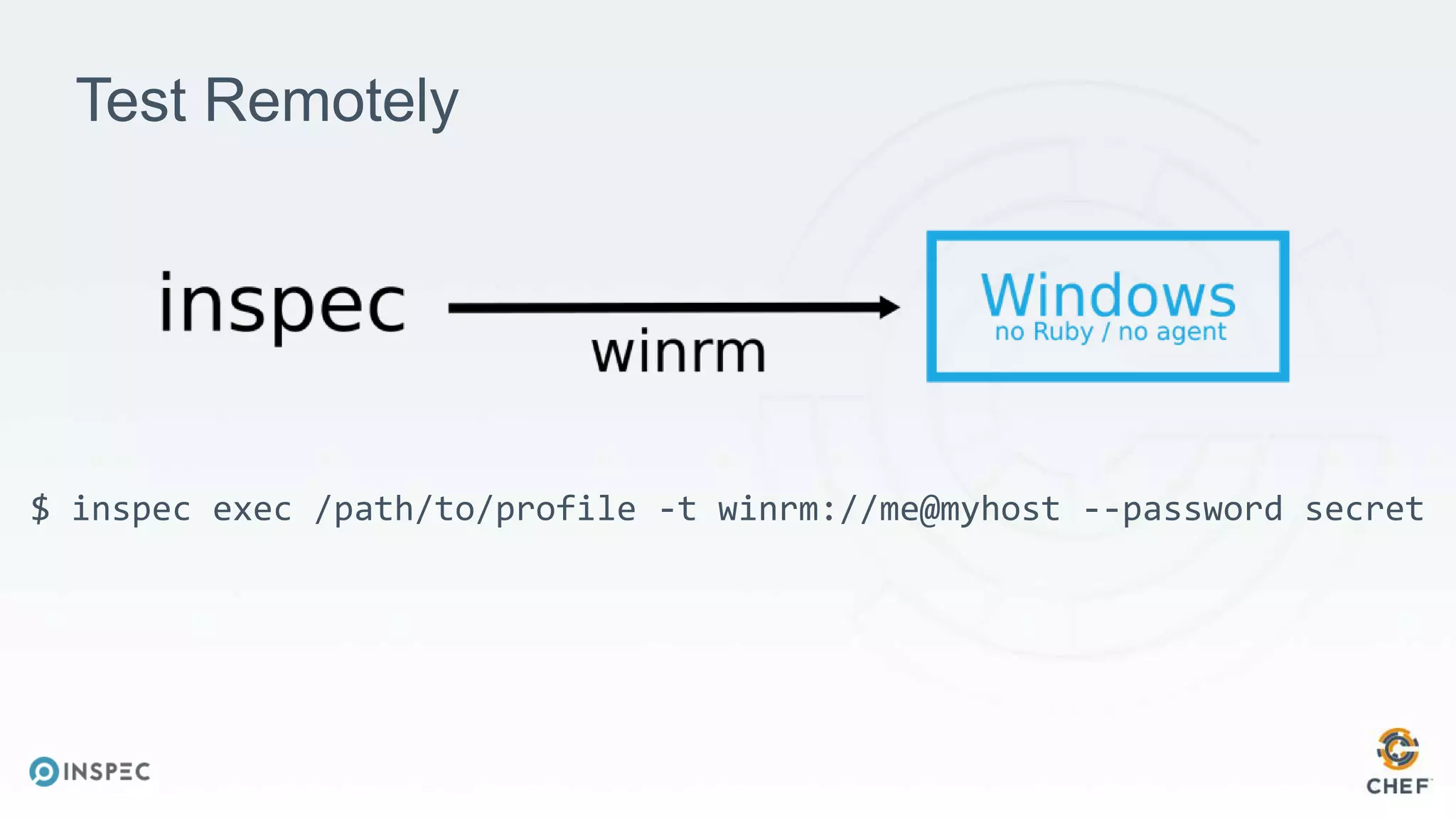 Test Remotely
$ inspec exec /path/to/profile -t winrm://me@myhost --password secret
 