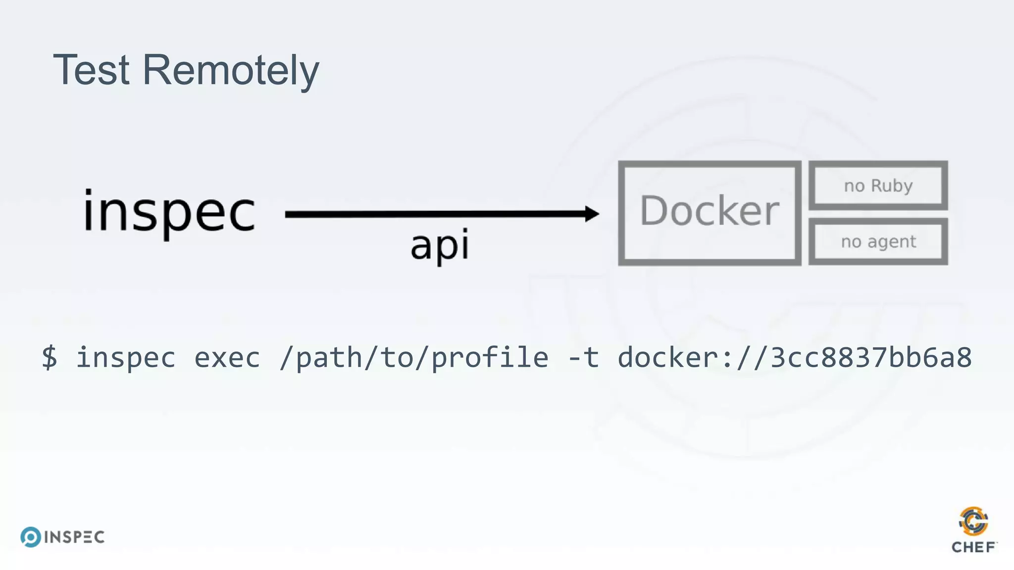 Test Remotely
$ inspec exec /path/to/profile -t docker://3cc8837bb6a8
 