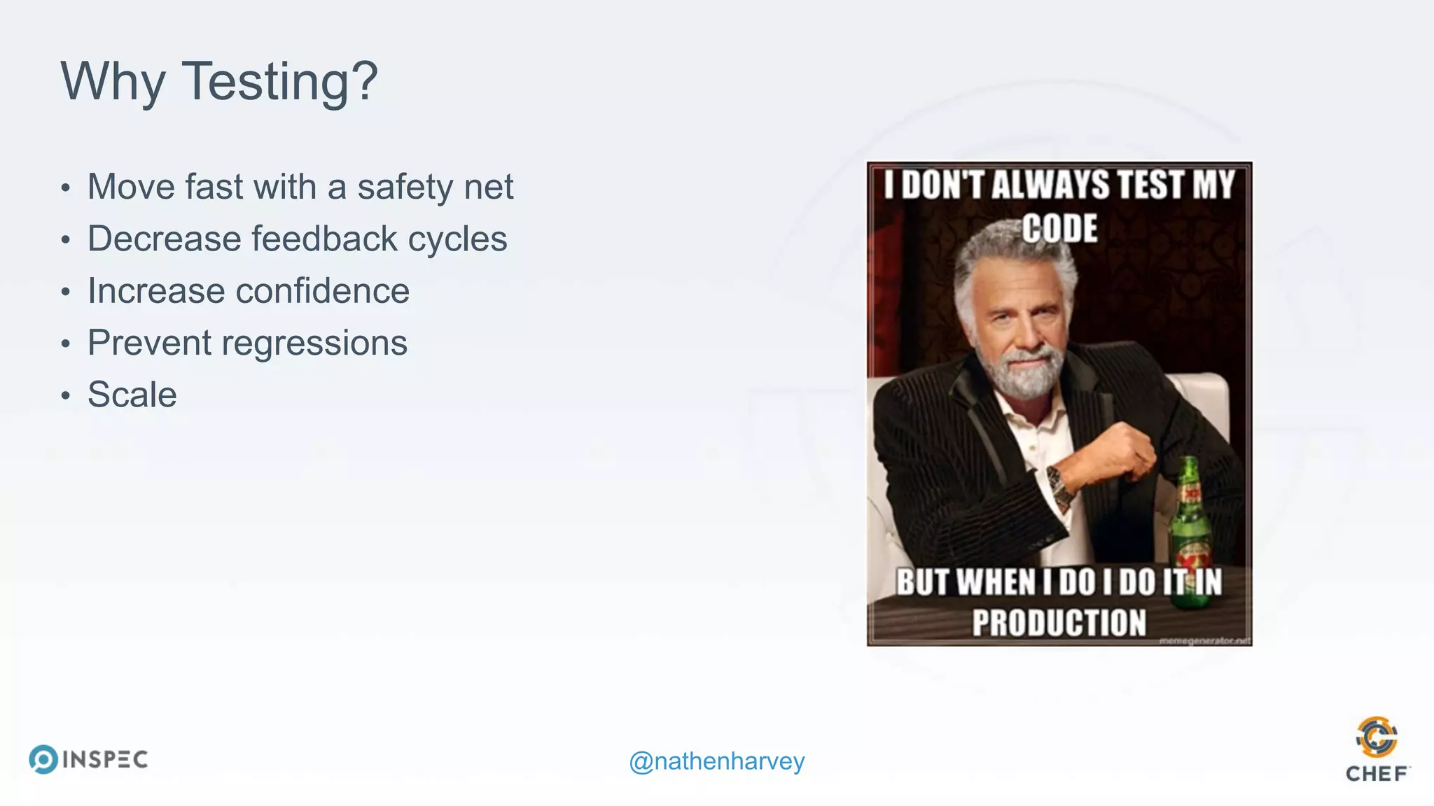 @nathenharvey
Why Testing?
• Move fast with a safety net
• Decrease feedback cycles
• Increase confidence
• Prevent regressions
• Scale
 