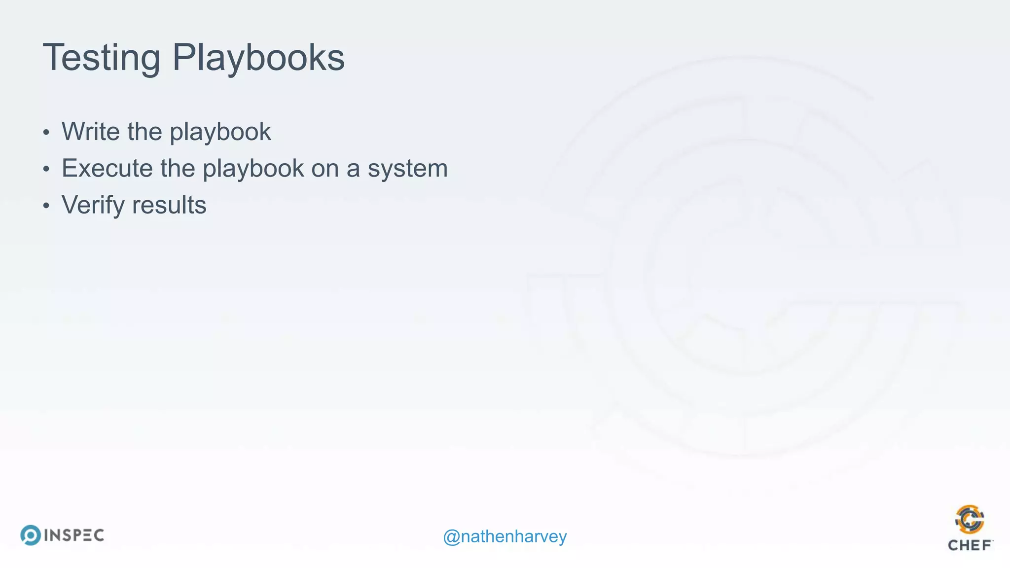 @nathenharvey
Testing Playbooks
• Write the playbook
• Execute the playbook on a system
• Verify results
 
