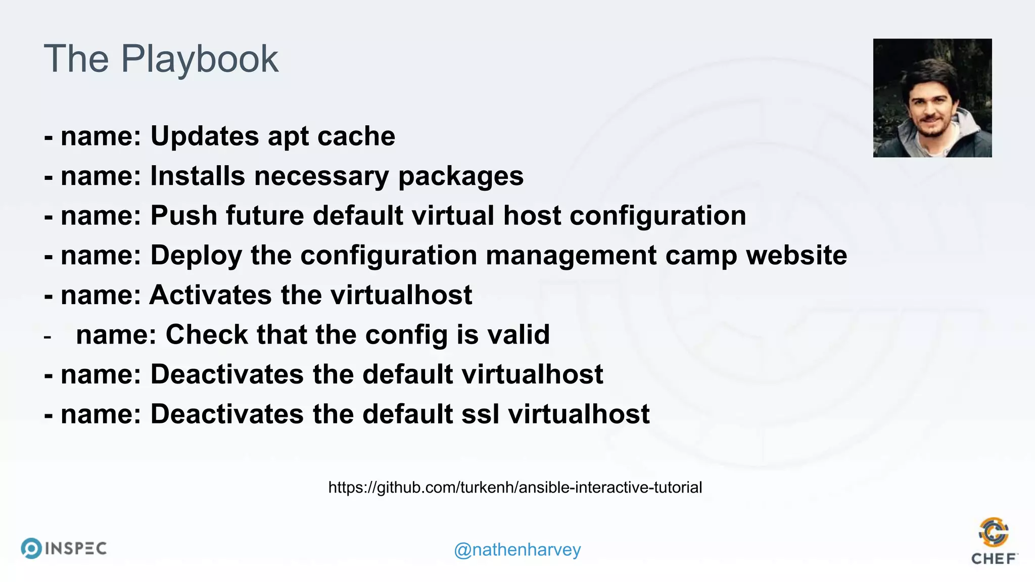 @nathenharvey
The Playbook
- name: Updates apt cache
- name: Installs necessary packages
- name: Push future default virtual host configuration
- name: Deploy the configuration management camp website
- name: Activates the virtualhost
- name: Check that the config is valid
- name: Deactivates the default virtualhost
- name: Deactivates the default ssl virtualhost
https://github.com/turkenh/ansible-interactive-tutorial
 