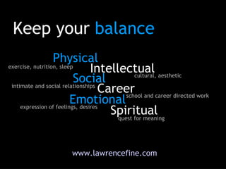 Keep your  balance Physical Intellectual Social Career Emotional Spiritual exercise, nutrition, sleep cultural, aesthetic ...