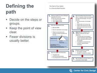 Defining the
path
 Decide on the steps or
groups.
 Keep the point of view
clear.
 Fewer divisions is
usually better.
 