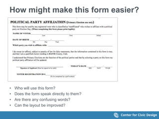 How might make this form easier?
• Who will use this form?
• Does the form speak directly to them?
• Are there any confusing words?
• Can the layout be improved?
 