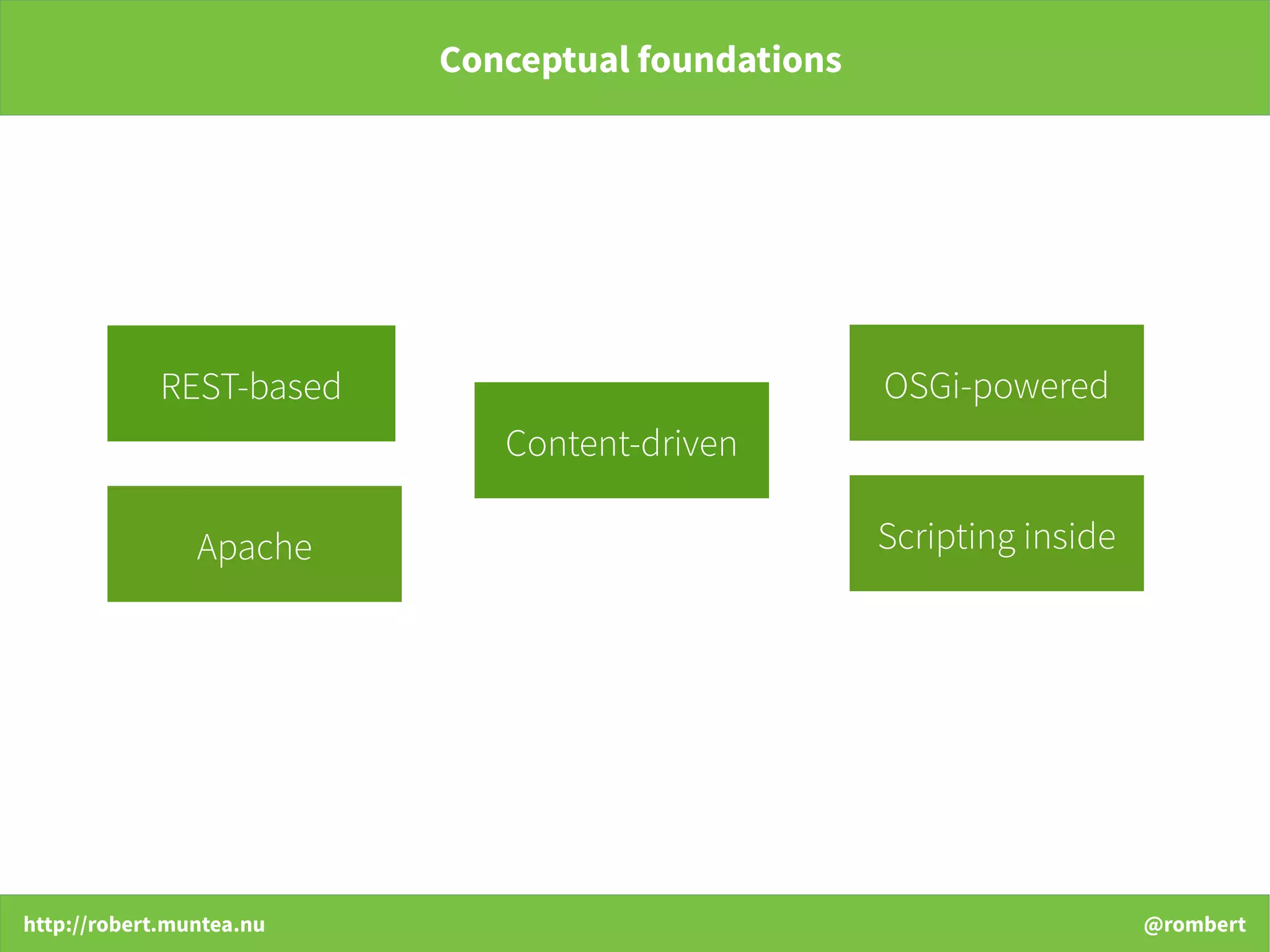 http://robert.muntea.nu @rombert
Conceptual foundations
REST-based
Content-driven
OSGi-powered
Scripting insideApache
 