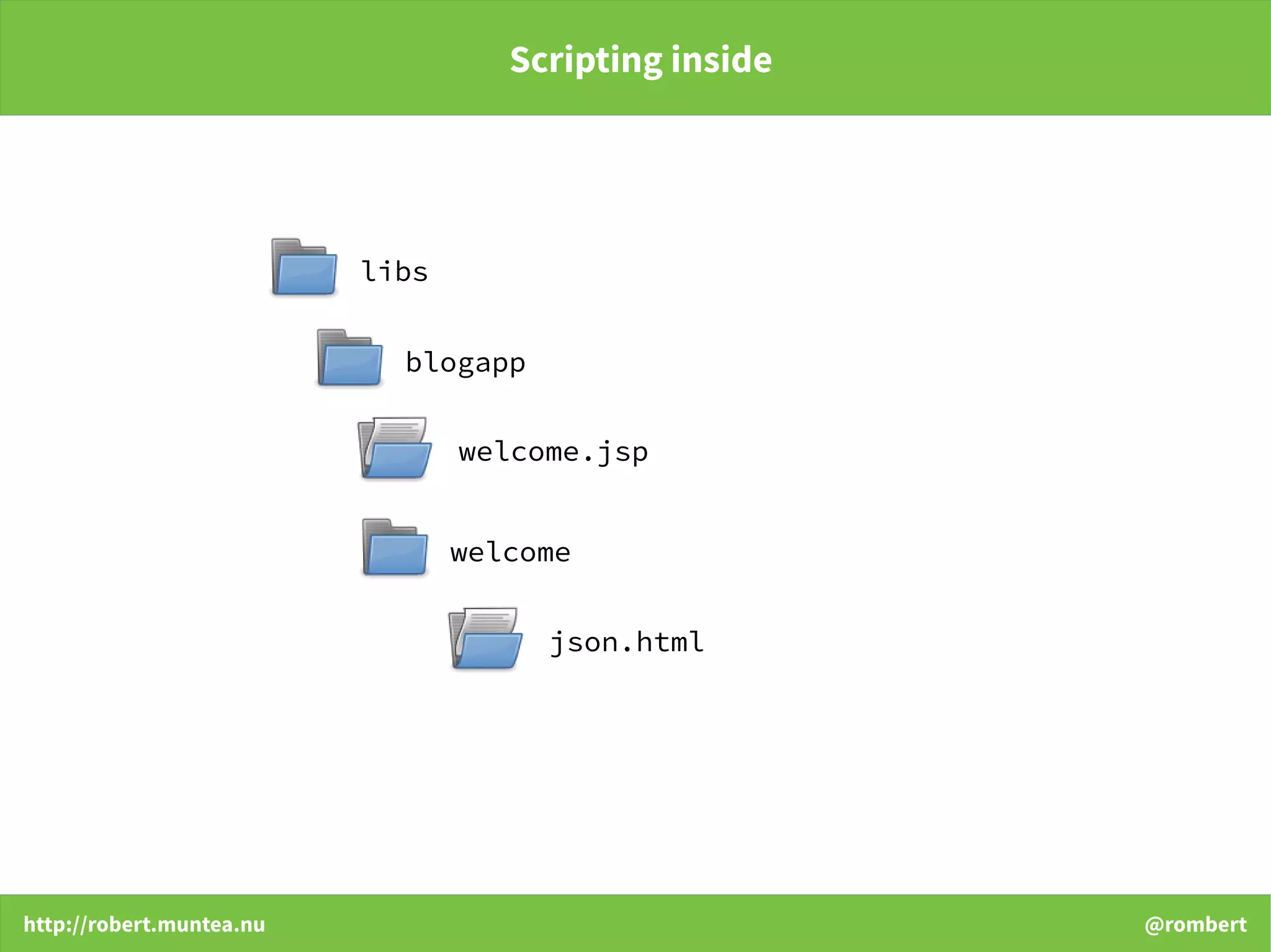 http://robert.muntea.nu @rombert
Scripting inside
libs
blogapp
welcome.jsp
welcome
json.html
 