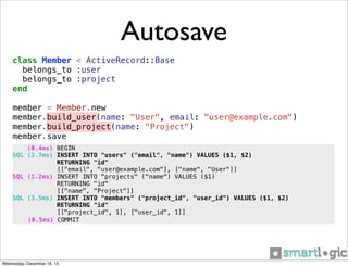 Autosave
class Member < ActiveRecord::Base
belongs_to :user
belongs_to :project
end
member = Member.new
member.build_user(name: "User", email: "user@example.com")
member.build_project(name: "Project")
member.save
(0.4ms) BEGIN
SQL (2.7ms) INSERT INTO "users" ("email", "name") VALUES ($1, $2)
RETURNING "id"
[["email", "user@example.com"], ["name", "User"]]
SQL (1.2ms) INSERT INTO "projects" ("name") VALUES ($1)
RETURNING "id"
[["name", "Project"]]
SQL (3.5ms) INSERT INTO "members" ("project_id", "user_id") VALUES ($1, $2)
RETURNING "id"
[["project_id", 1], ["user_id", 1]]
(0.5ms) COMMIT

Wednesday, December 18, 13

 