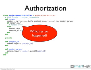 Authorization
class ProjectMembersController < ApplicationController
# POST /project/:project_id/members
def create
member = current_user.build_project_member(project_id, member_params)
if member.nil?
# handle error
else
member.save
respond_with member
end
end
private

Which error
happened?

def project_id
params.require(:project_id)
end
def member_params
params.require(:member).permit(:user_id)
end
end

Wednesday, December 18, 13

 