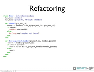 Refactoring
class User < ActiveRecord::Base
has_many :members
has_many :projects, through: :members
def member(project_id)
member = members.find_by(project_id: project_id)
if member
Success.new(member)
else
Failure.new(:member_not_found)
end
end
def build_project_member(project_id, member_params)
result = member(project_id)
if result.success?
result.value.build_project_member(member_params)
else
result
end
end
end

Wednesday, December 18, 13

 