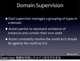 Domain	
  Supervision

         •Each	
  supervisor	
  manages	
  a	
  grouping	
  of	
  types	
  in	
  
                a	
  domain

         •Actors	
  persist	
  to	
  represent	
  existence	
  of	
  
                instances	
  and	
  contain	
  their	
  own	
  state

         •Actors	
  constantly	
  resolve	
  the	
  world	
  as	
  it	
  should	
  
                be	
  against	
  the	
  world	
  as	
  it	
  is


                                                                        @jamie_allen

Supervisor 階層を利用しドメインをモデルする
Saturday, March 2, 13
 