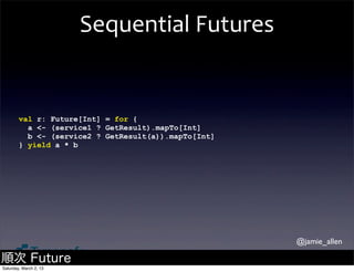 Sequential	
  Futures


        val r: Future[Int] = for {
          a <- (service1 ? GetResult).mapTo[Int]
          b <- (service2 ? GetResult(a)).mapTo[Int]
        } yield a * b




                                                      @jamie_allen

順次 Future
Saturday, March 2, 13
 