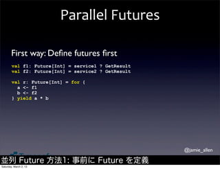 Parallel	
  Futures

        First way: Deﬁne futures ﬁrst
        val f1: Future[Int] = service1 ? GetResult
        val f2: Future[Int] = service2 ? GetResult

        val r: Future[Int] = for {
          a <- f1
          b <- f2
        } yield a * b




                                                     @jamie_allen

並列 Future 方法1: 事前に Future を定義
Saturday, March 2, 13
 