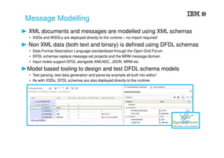 XML documents and messages are modelled using XML schemas
• XSDs and WSDLs are deployed directly to the runtime – no import required!
Non XML data (both text and binary) is defined using DFDL schemas
• Data Format Description Language standardised through the Open Grid Forum
• DFDL schemas replace message set projects and the MRM message domain
• Input nodes support DFDL alongside XMLNSC, JSON, MRM etc
Model based tooling to design and test DFDL schema models
• Test parsing, test data generation and parse-by-example all built into editor!
• As with XSDs, DFDL schemas are also deployed directly to the runtime
Message Modelling
 
