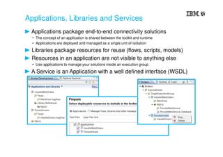 Applications, Libraries and Services
Applications package end-to-end connectivity solutions
• The concept of an application is shared between the toolkit and runtime
• Applications are deployed and managed as a single unit of isolation
Libraries package resources for reuse (flows, scripts, models)
Resources in an application are not visible to anything else
• Use applications to manage your solutions inside an execution group
A Service is an Application with a well defined interface (WSDL)
 